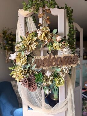 Handmade Rustic Farmhouse Wreath | Welcome Sign | Neutral Green Door Decor